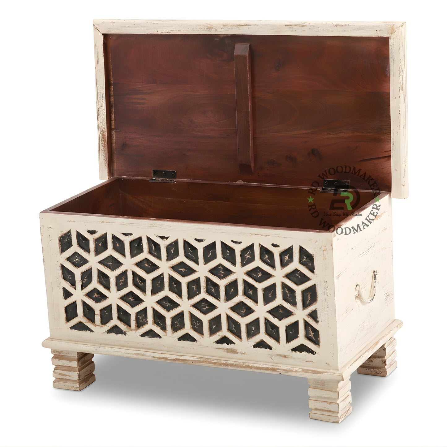 DISTRESSED WHITE GEOMETRIC CUTWORK WOODEN STORAGE TRUNK