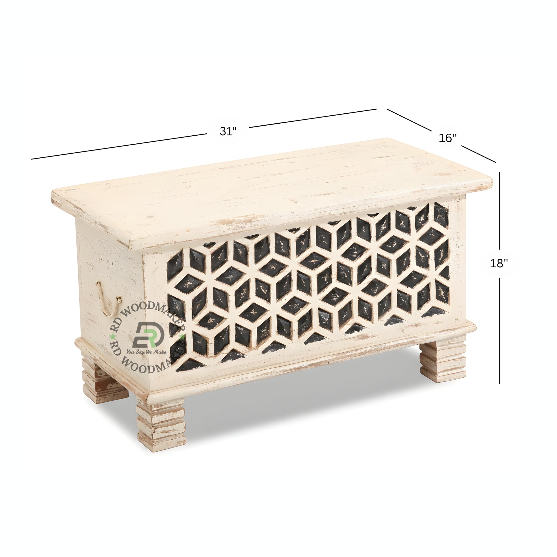 DISTRESSED WHITE GEOMETRIC CUTWORK WOODEN STORAGE TRUNK