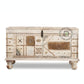 HANDCRAFTED PATCHWORK CARVED WOODEN STORAGE TRUNK WITH METAL ACCENTS
