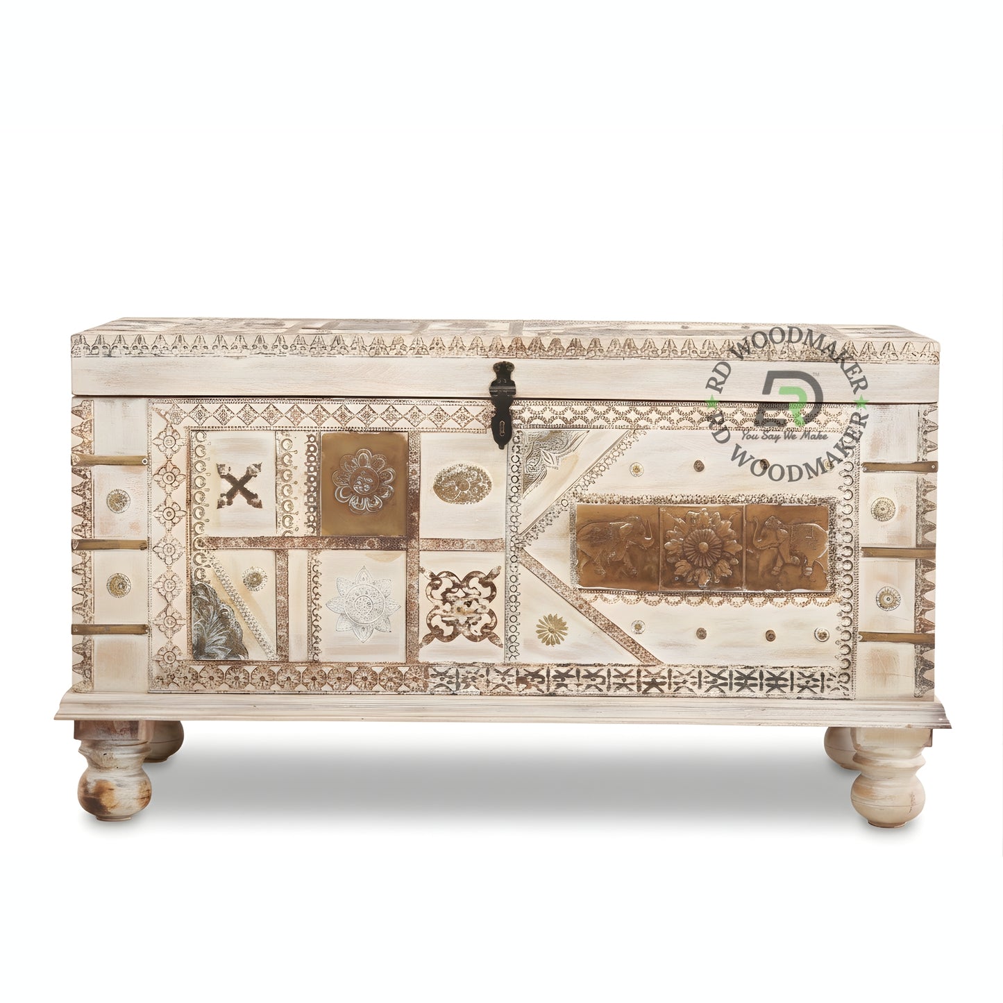 HANDCRAFTED PATCHWORK CARVED WOODEN STORAGE TRUNK WITH METAL ACCENTS