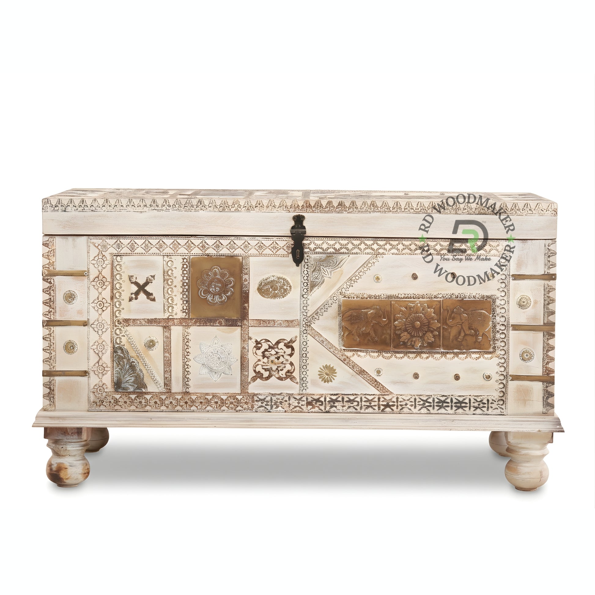 HANDCRAFTED PATCHWORK CARVED WOODEN STORAGE TRUNK WITH METAL ACCENTS