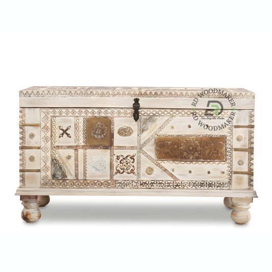 HANDCRAFTED PATCHWORK CARVED WOODEN STORAGE TRUNK WITH METAL ACCENTS