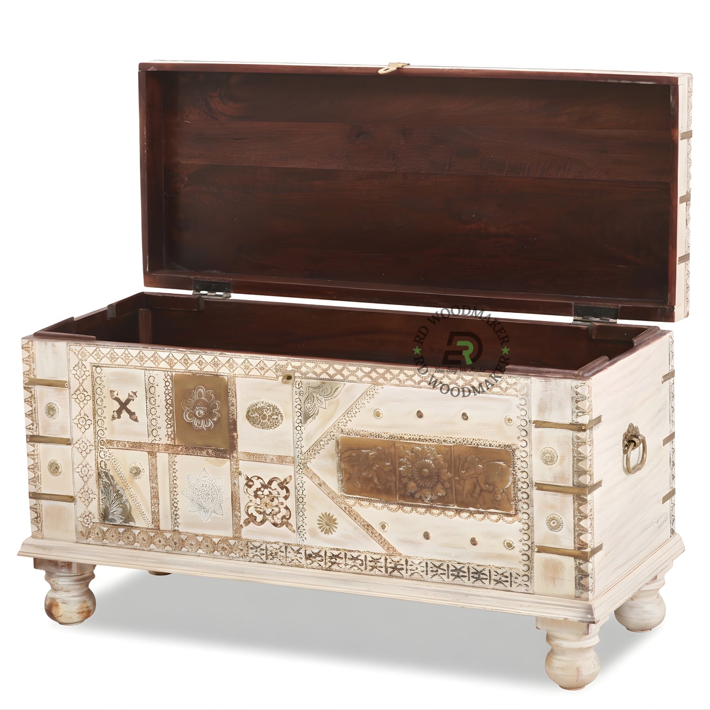 HANDCRAFTED PATCHWORK CARVED WOODEN STORAGE TRUNK WITH METAL ACCENTS