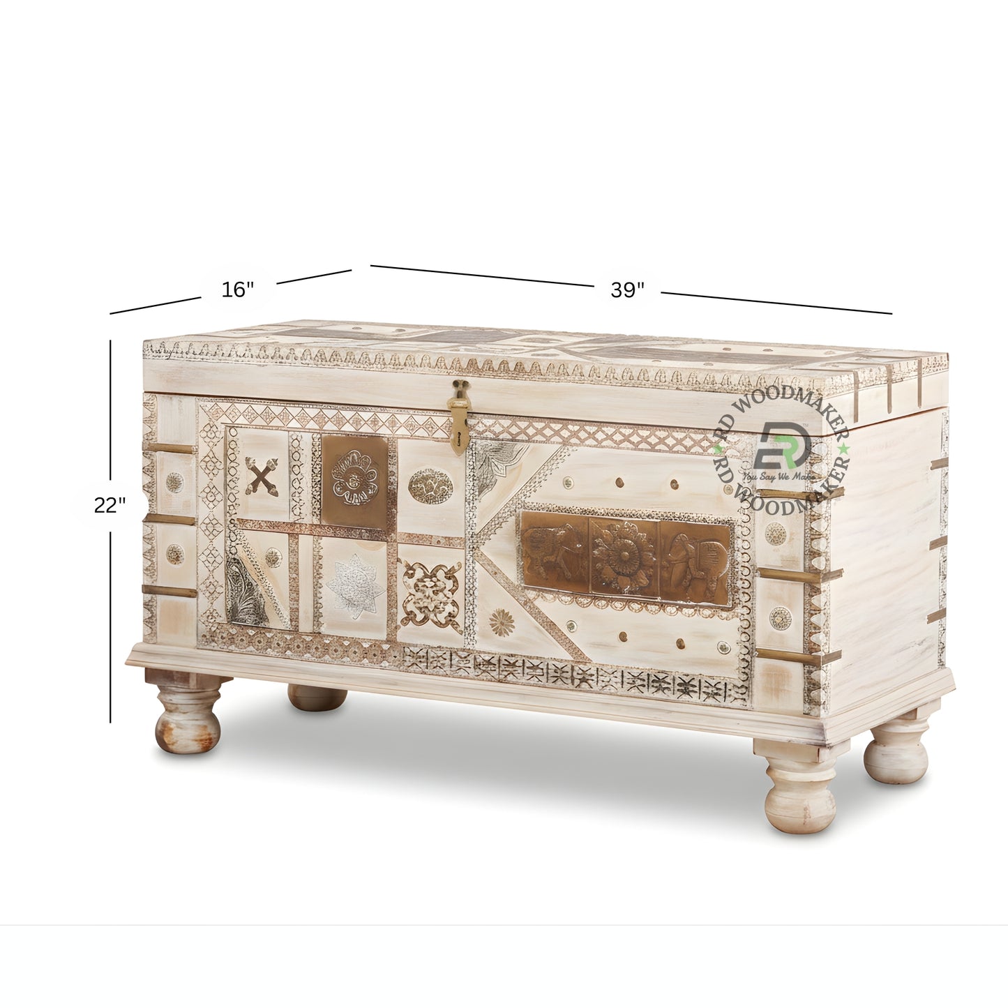 HANDCRAFTED PATCHWORK CARVED WOODEN STORAGE TRUNK WITH METAL ACCENTS