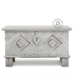 DISTRESSED WHITE GEOMETRIC CARVED WOODEN STORAGE TRUNK