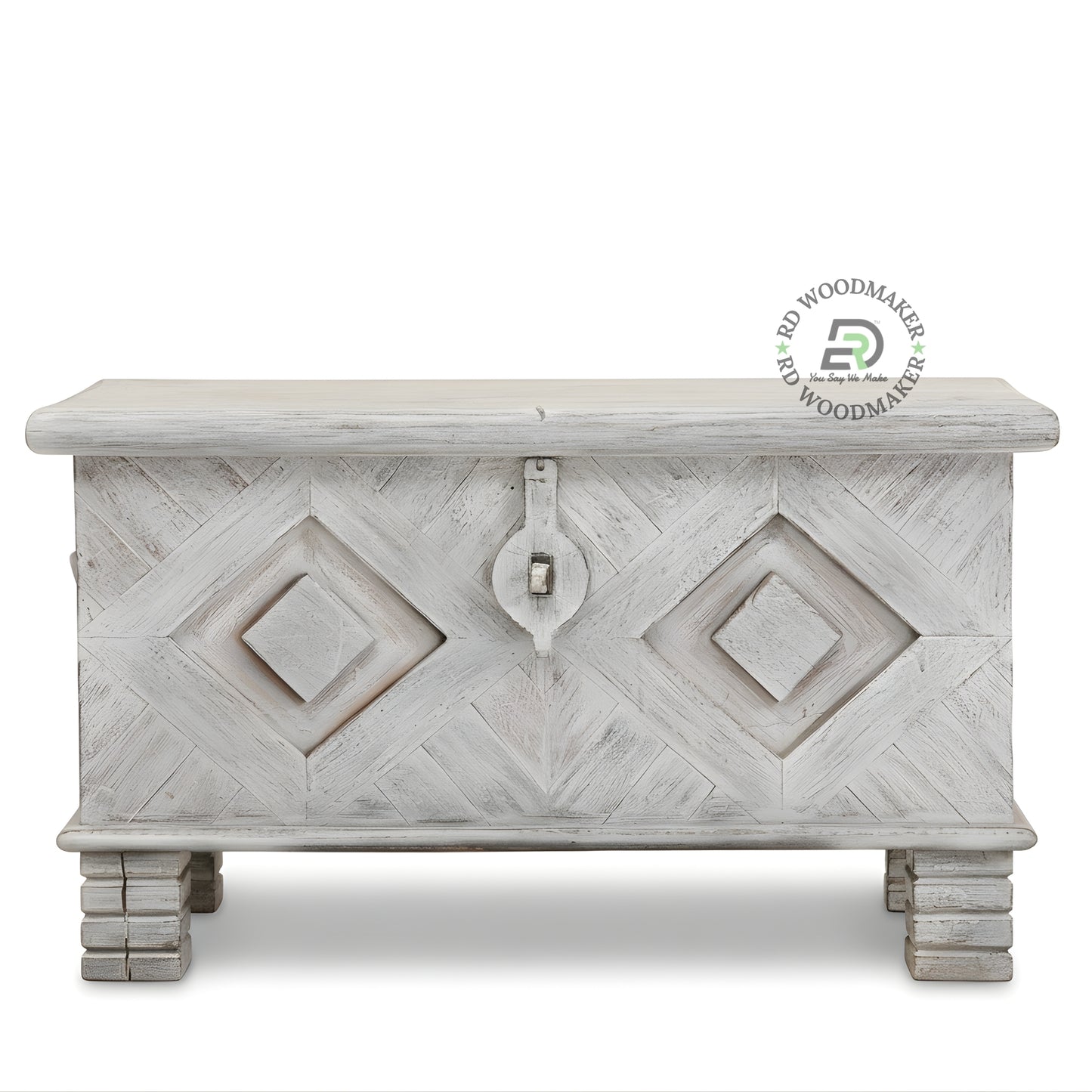 DISTRESSED WHITE GEOMETRIC CARVED WOODEN STORAGE TRUNK