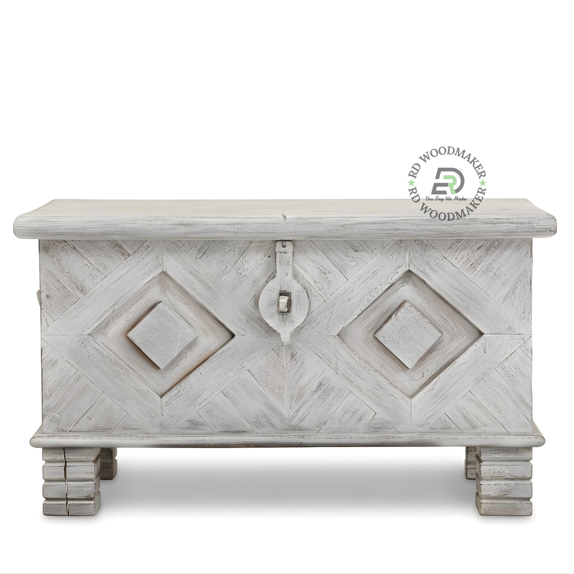DISTRESSED WHITE GEOMETRIC CARVED WOODEN STORAGE TRUNK