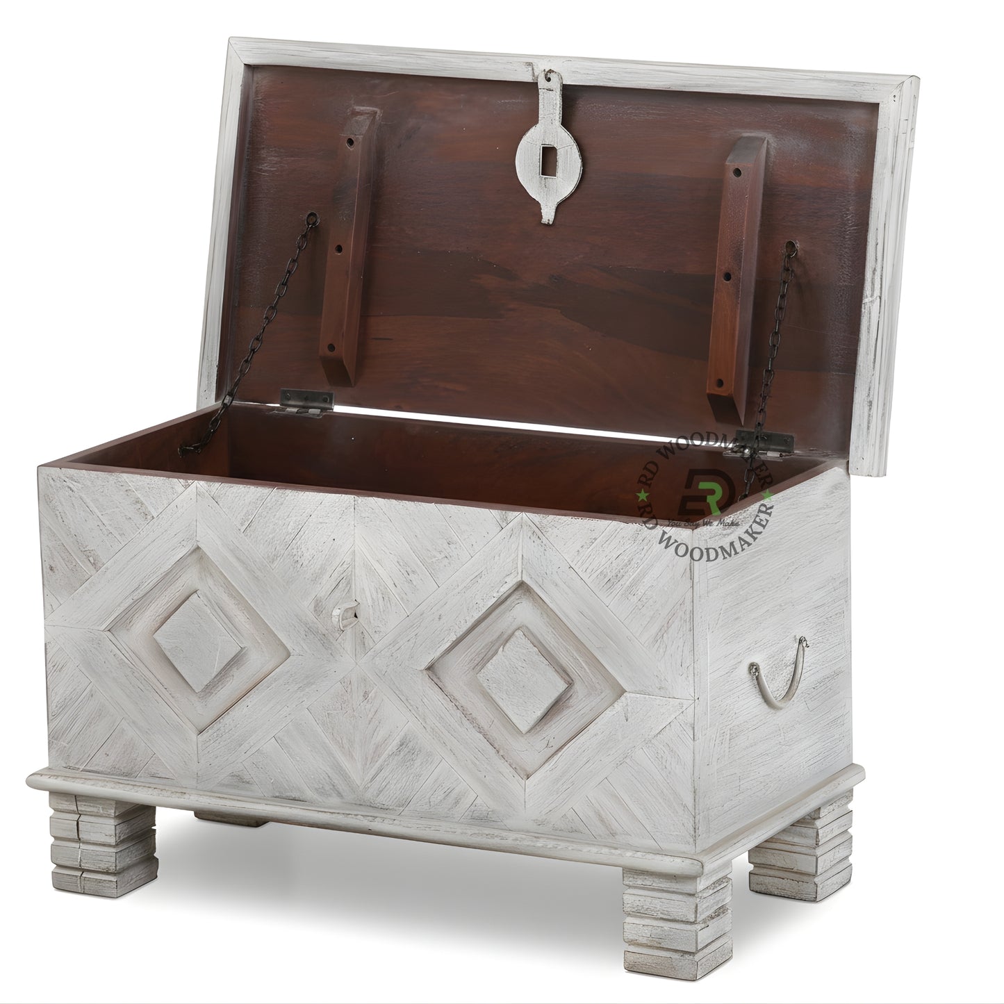 DISTRESSED WHITE GEOMETRIC CARVED WOODEN STORAGE TRUNK