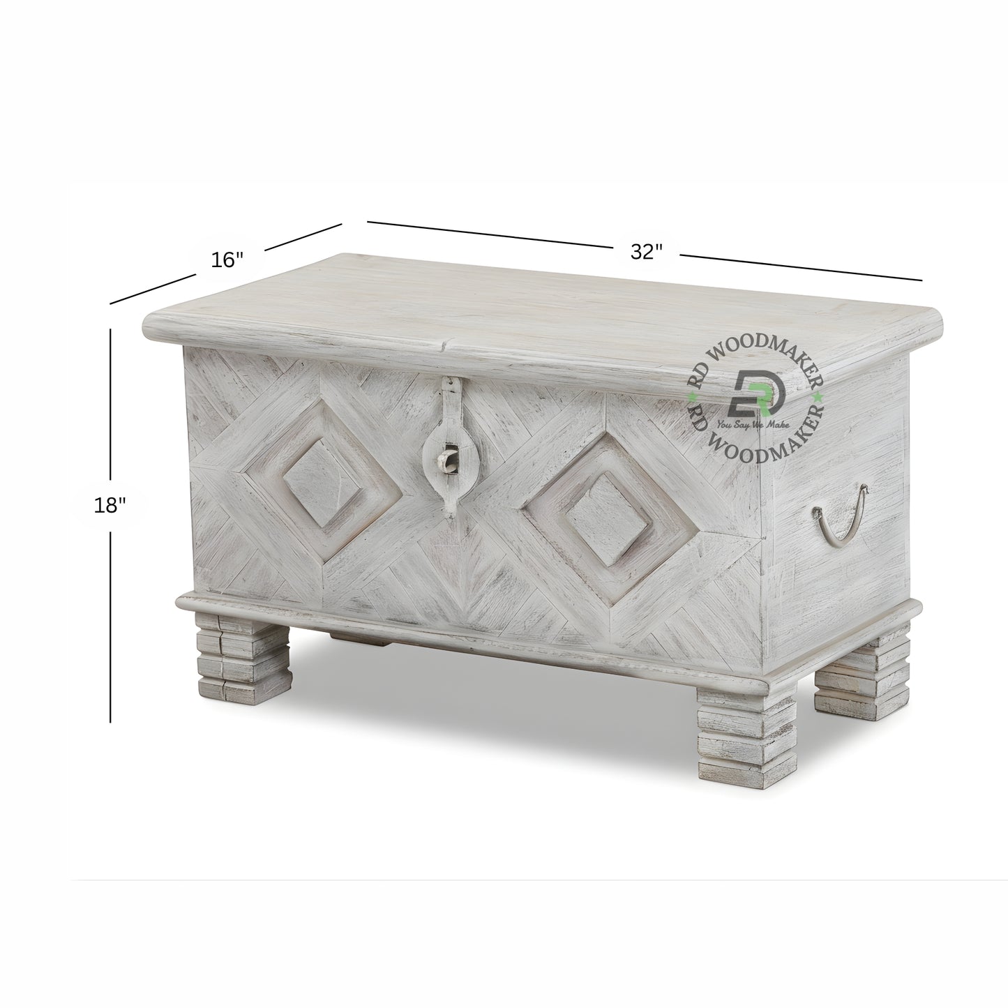 DISTRESSED WHITE GEOMETRIC CARVED WOODEN STORAGE TRUNK