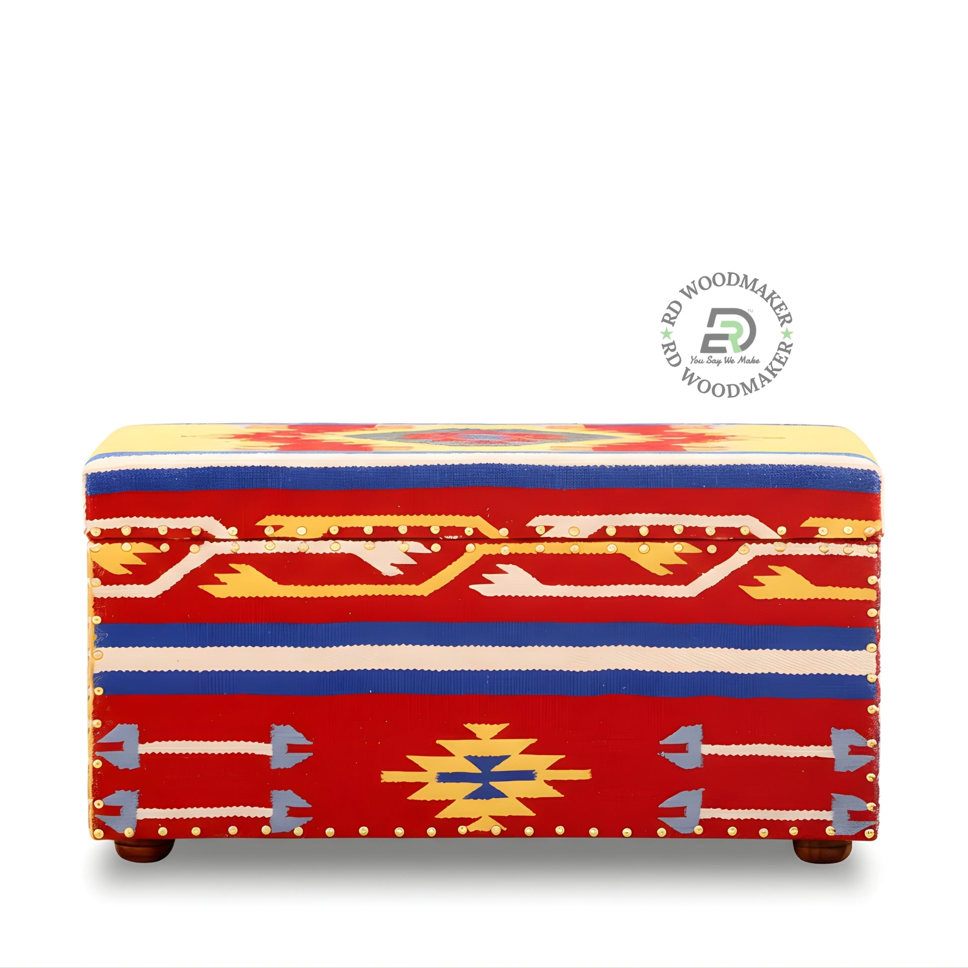 VIBRANT HANDPAINTED UPHOLSTERED WOODEN STORAGE TRUNK