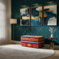 VIBRANT HANDPAINTED UPHOLSTERED WOODEN STORAGE TRUNK