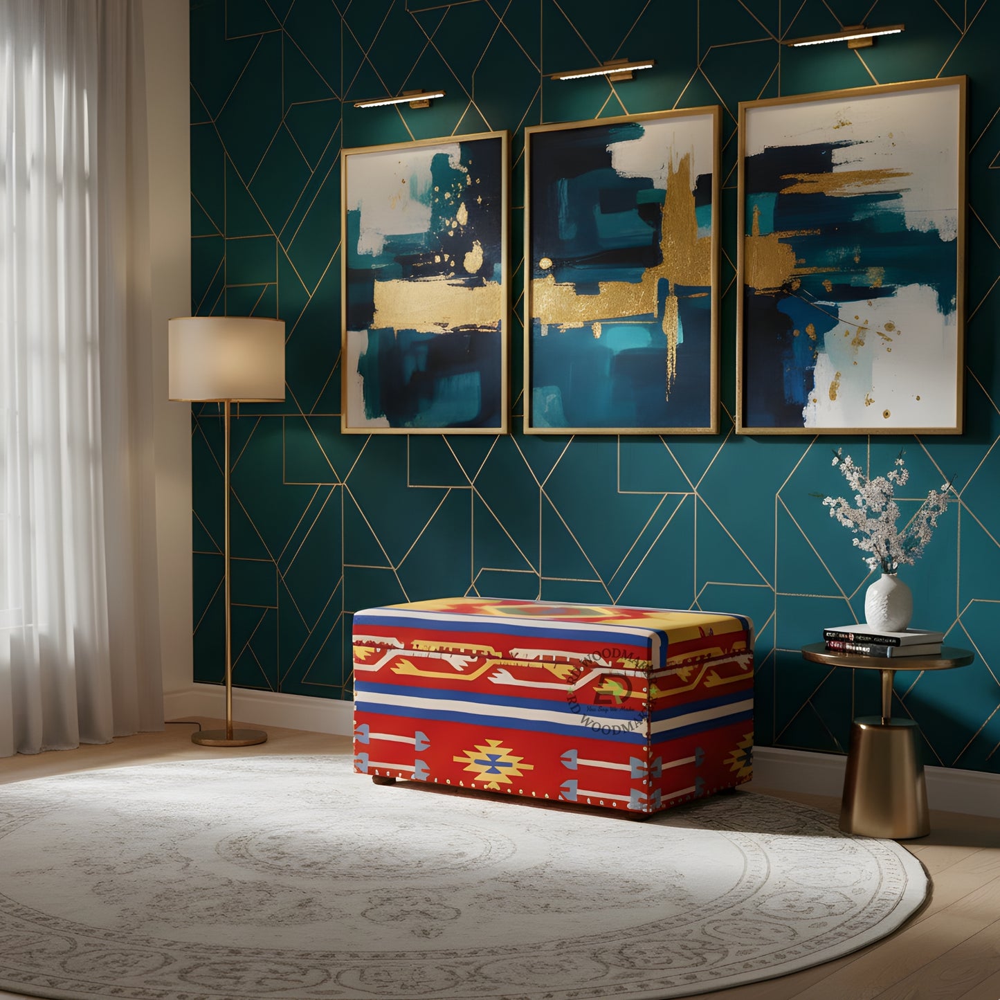 VIBRANT HANDPAINTED UPHOLSTERED WOODEN STORAGE TRUNK