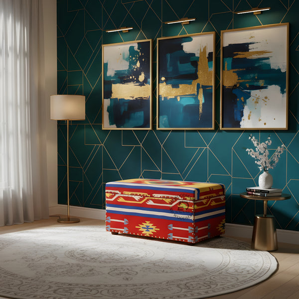 VIBRANT HANDPAINTED UPHOLSTERED WOODEN STORAGE TRUNK