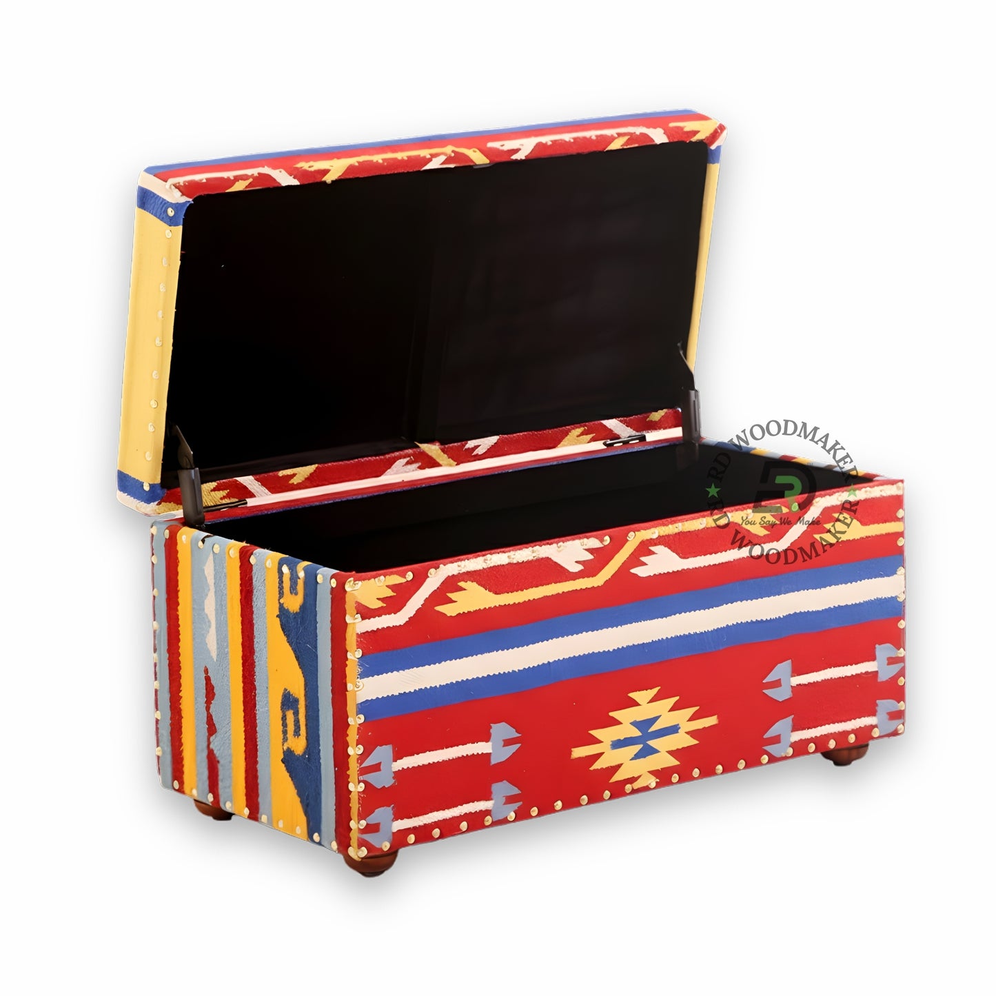 VIBRANT HANDPAINTED UPHOLSTERED WOODEN STORAGE TRUNK
