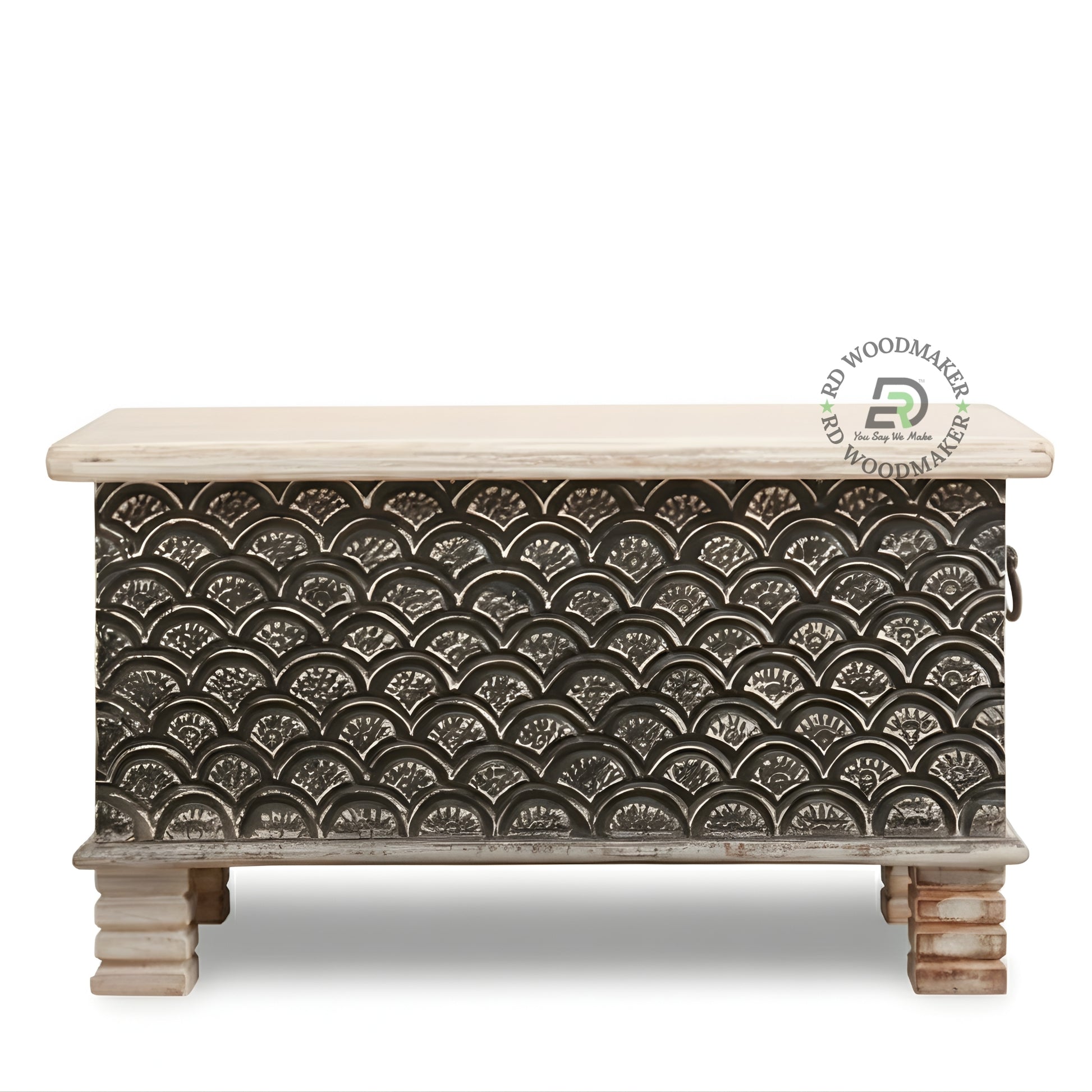 BLACK METAL EMBOSSED PATTERN WOODEN STORAGE TRUNK