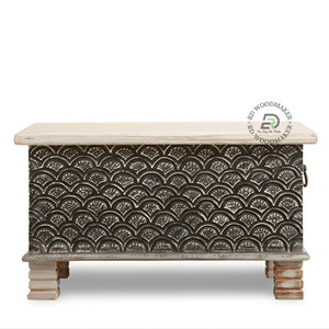 BLACK METAL EMBOSSED PATTERN WOODEN STORAGE TRUNK