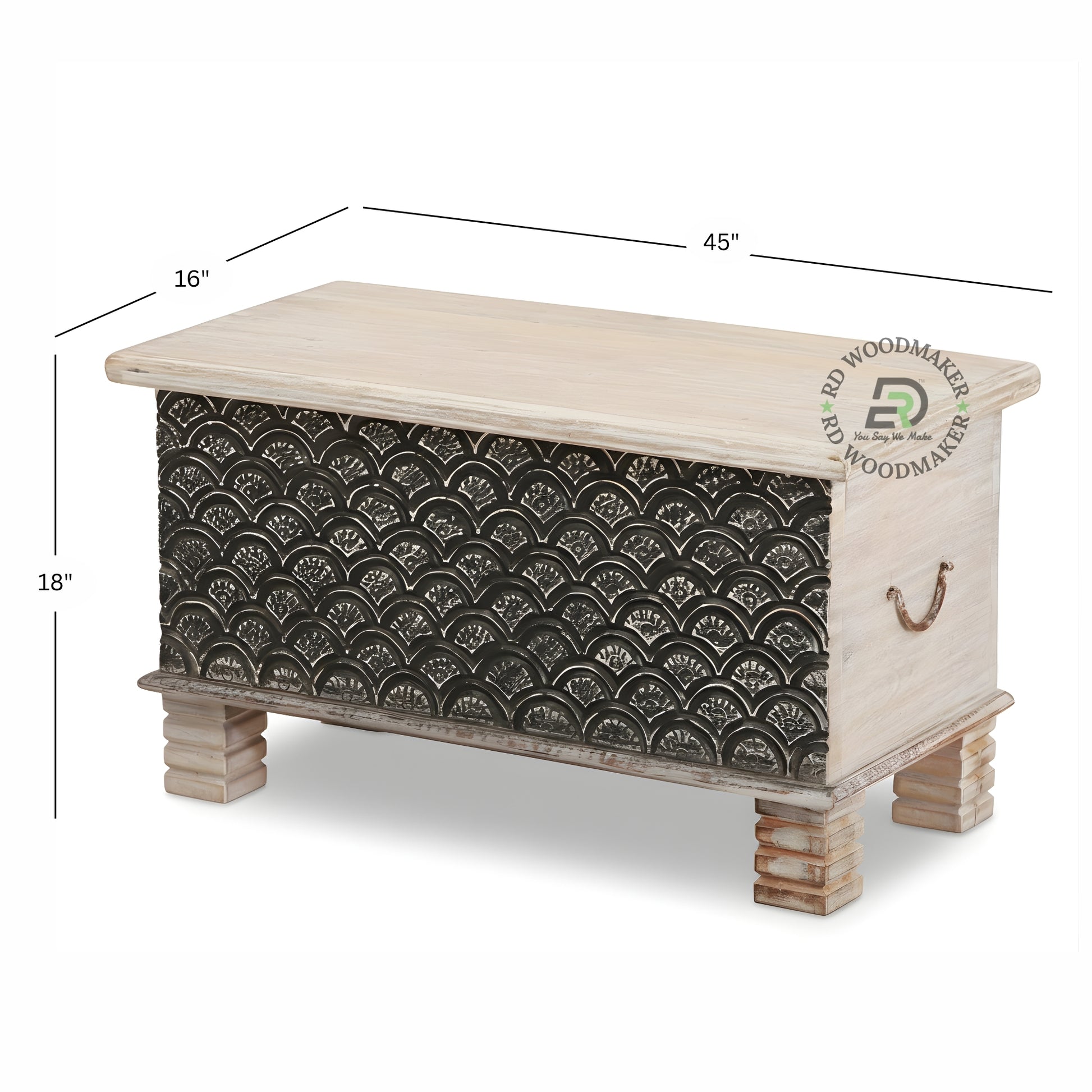 BLACK METAL EMBOSSED PATTERN WOODEN STORAGE TRUNK