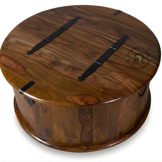 ROUND SOLID WOOD STORAGE TRUNK STORAGE CHEST WITH METAL HARDWARE