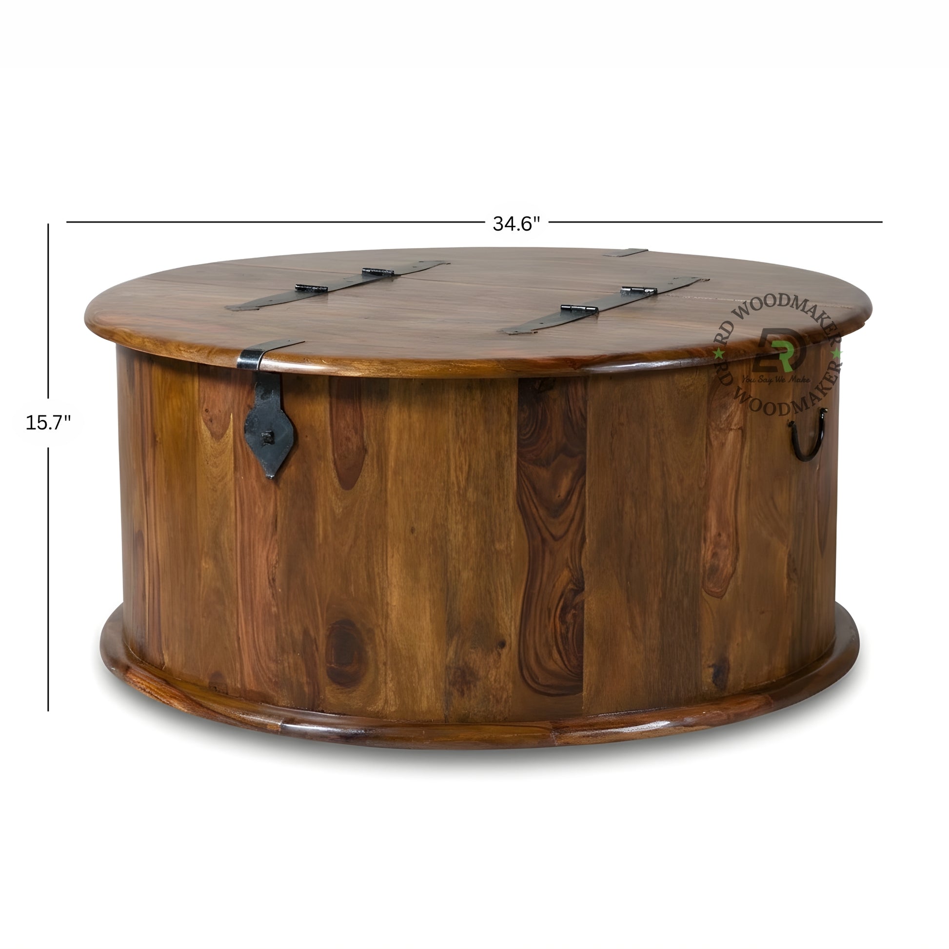 ROUND SOLID WOOD STORAGE TRUNK STORAGE CHEST WITH METAL HARDWARE