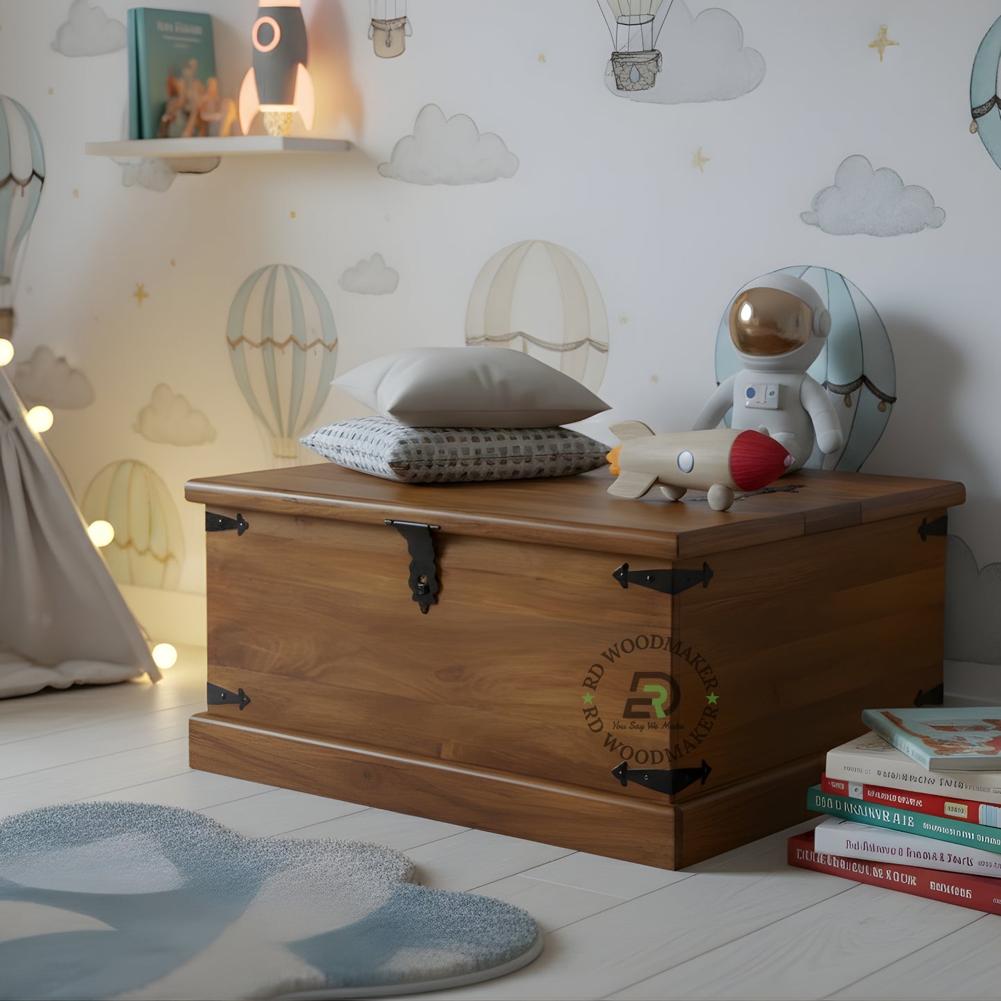 CLASSIC SOLID WOOD STORAGE TRUNK WITH METAL BRACKETS AND LOCK
