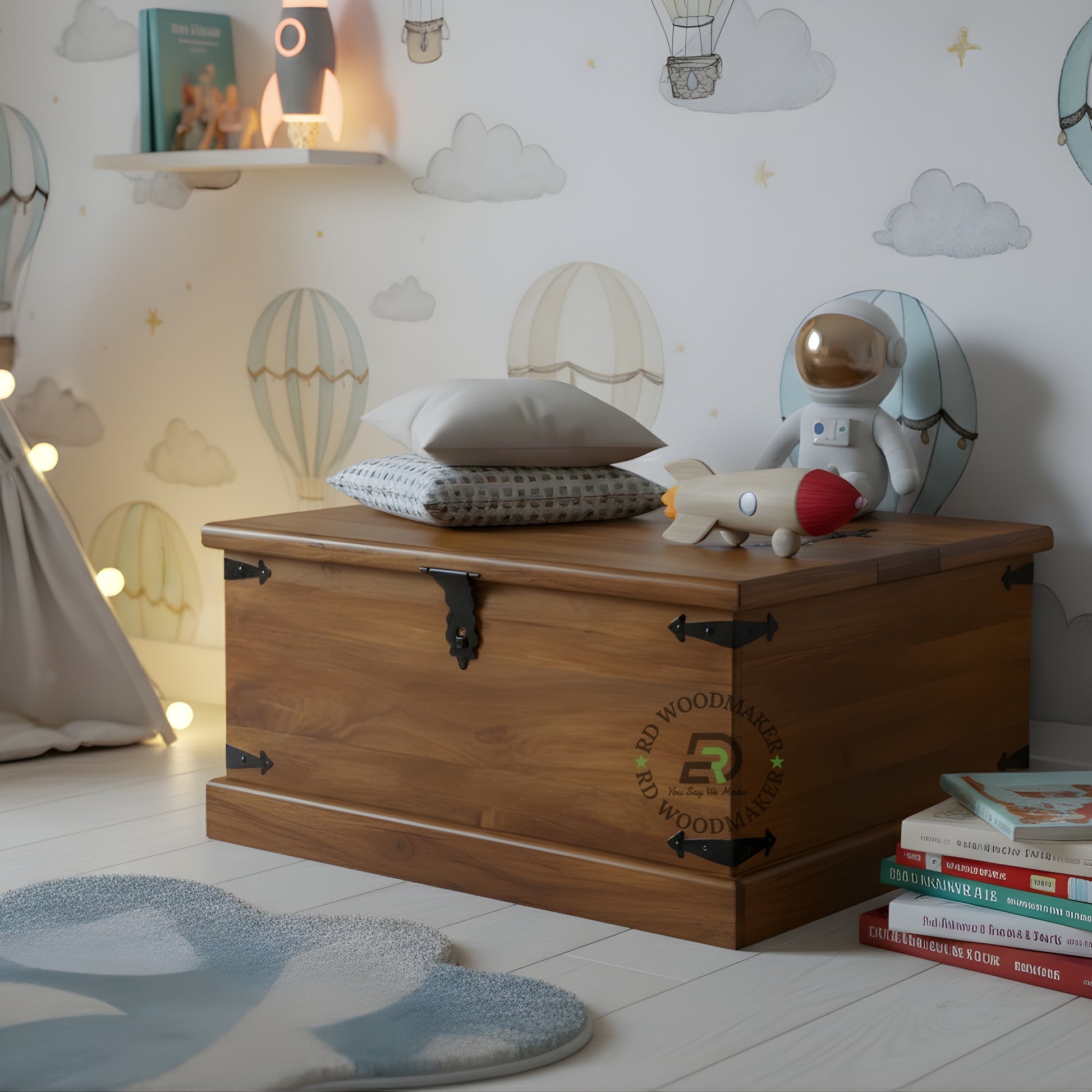 CLASSIC SOLID WOOD STORAGE TRUNK WITH METAL BRACKETS AND LOCK