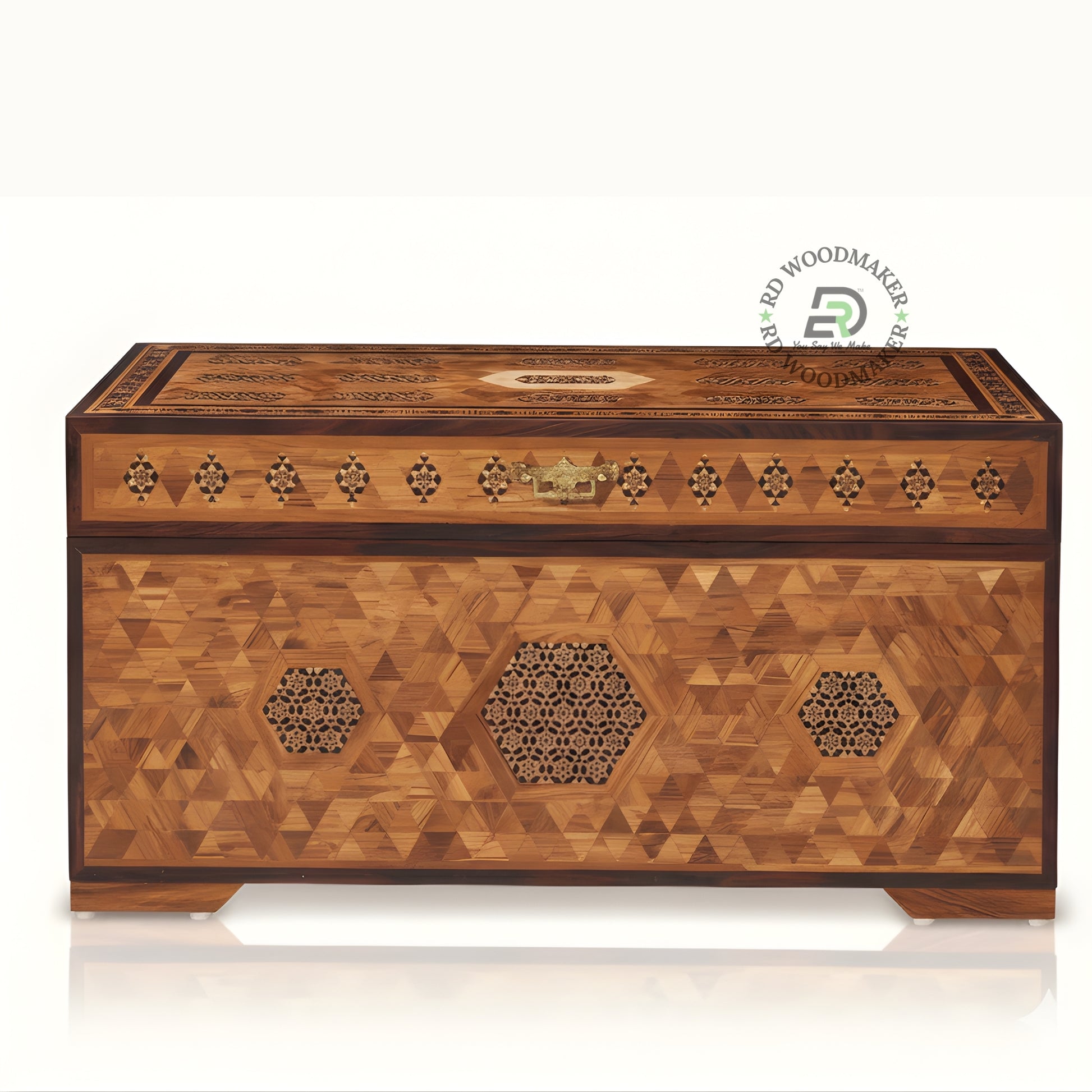 GEOMETRIC INLAY ART SOLID WOOD STORAGE TRUNK WITH HEXAGON PATTERN