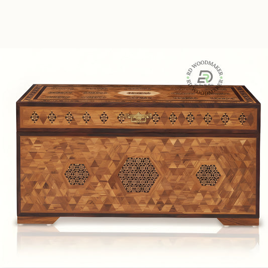 GEOMETRIC INLAY ART SOLID WOOD STORAGE TRUNK WITH HEXAGON PATTERN