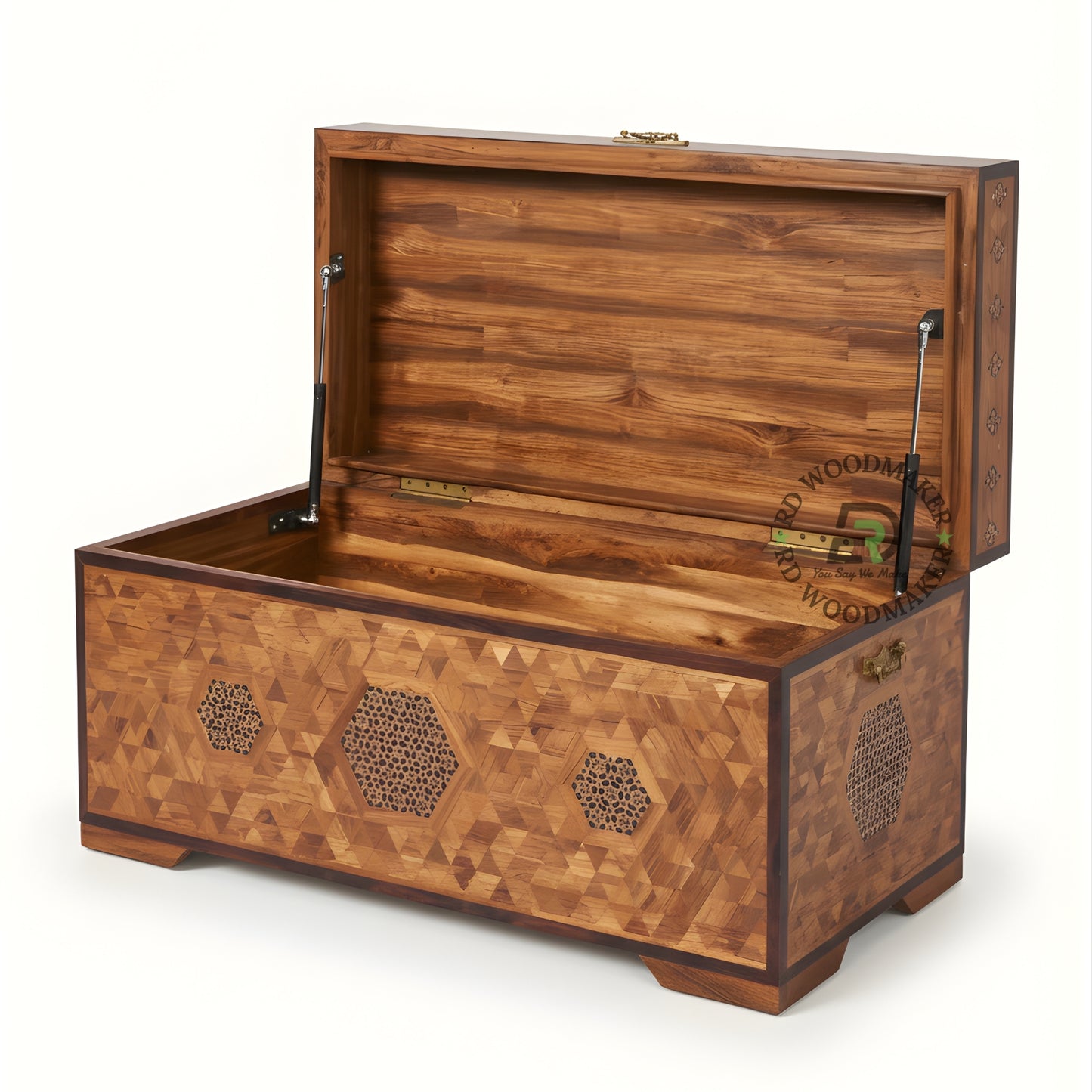 GEOMETRIC INLAY ART SOLID WOOD STORAGE TRUNK WITH HEXAGON PATTERN