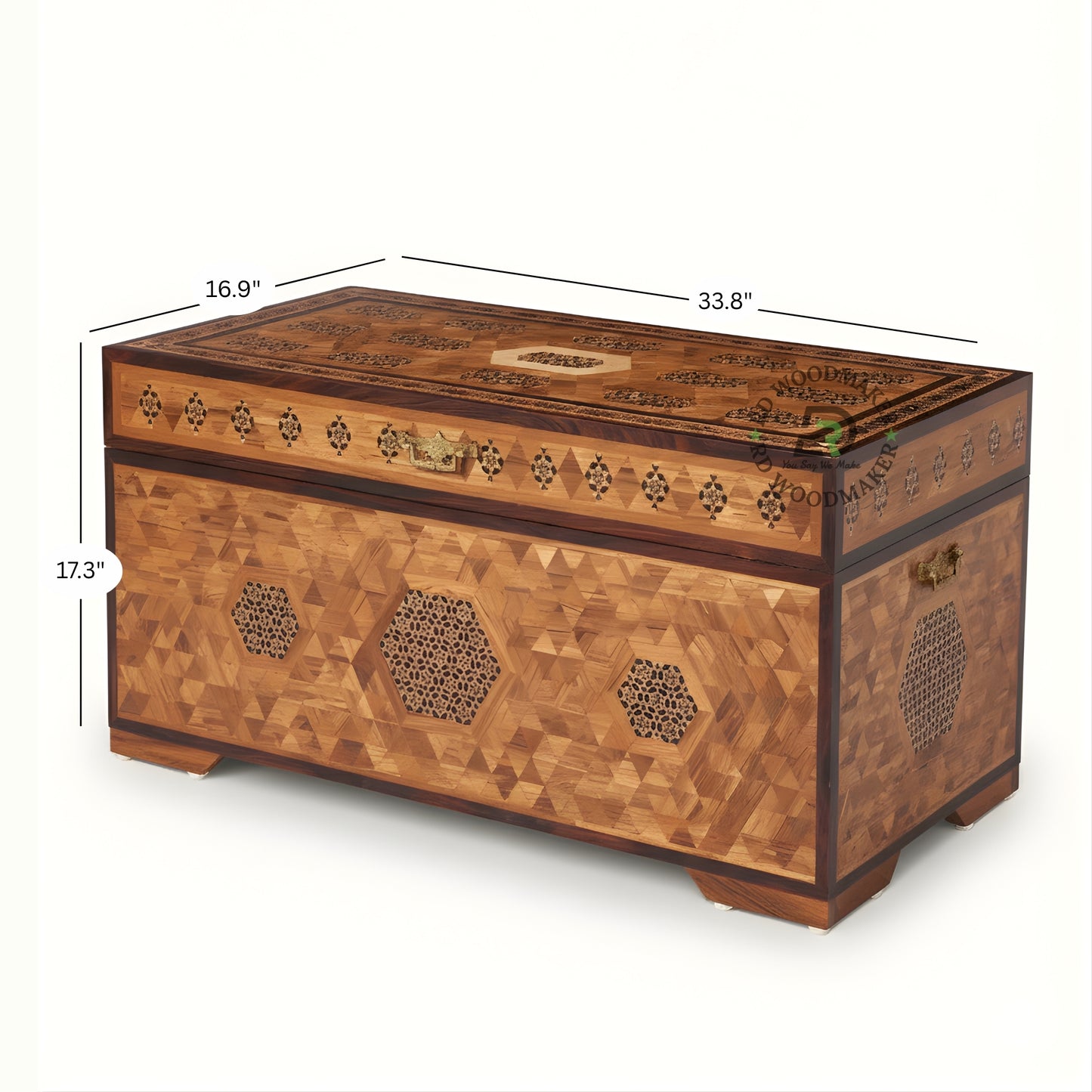 GEOMETRIC INLAY ART SOLID WOOD STORAGE TRUNK WITH HEXAGON PATTERN