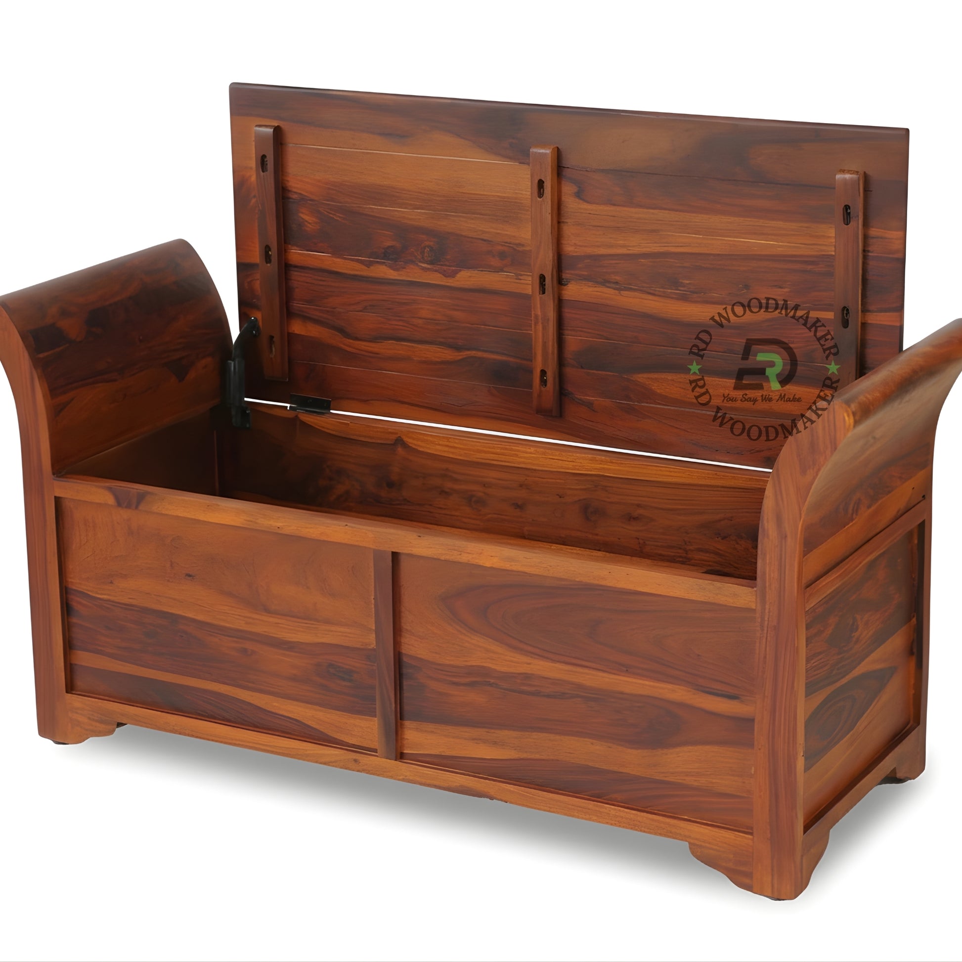 CURVED ARMREST WOODEN STORAGE BENCH TRUNK WITH SEAT