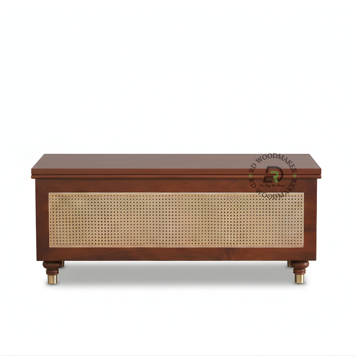 CANE PANEL WOODEN STORAGE TRUNK WITH MID-CENTURY DESIGN