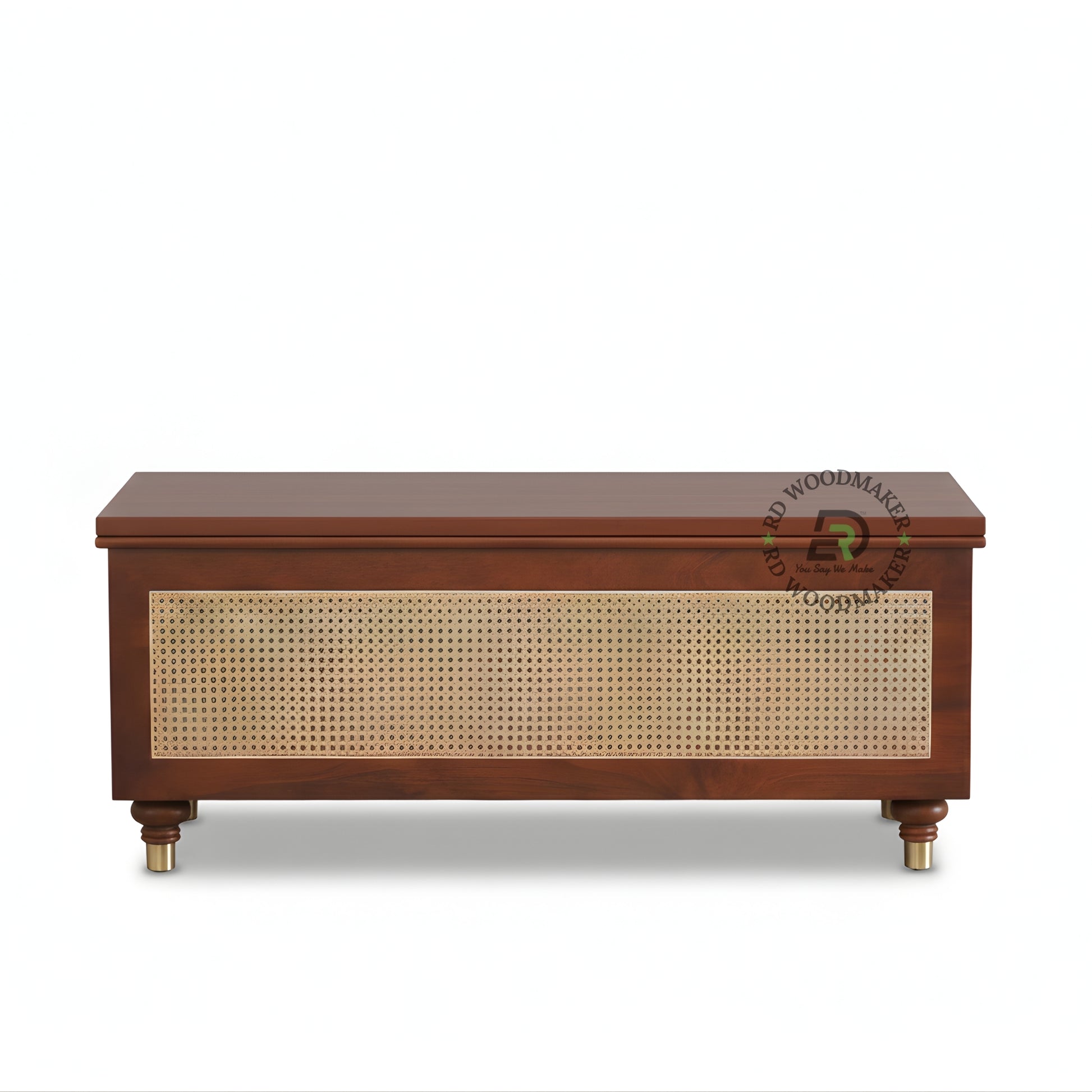 CANE PANEL WOODEN STORAGE TRUNK WITH MID-CENTURY DESIGN
