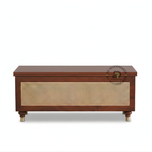 CANE PANEL WOODEN STORAGE TRUNK WITH MID-CENTURY DESIGN