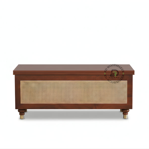 CANE PANEL WOODEN STORAGE TRUNK WITH MID-CENTURY DESIGN