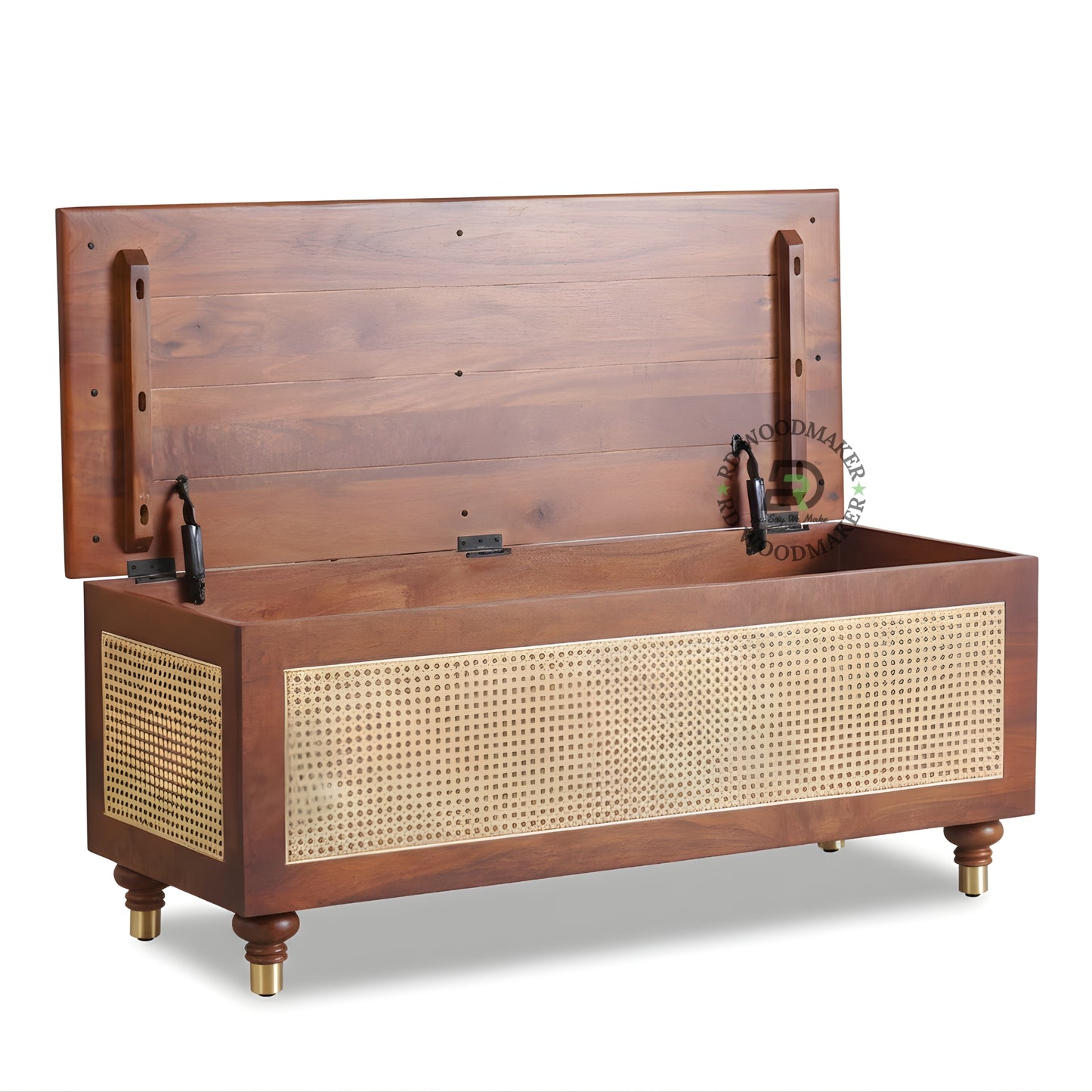 CANE PANEL WOODEN STORAGE TRUNK WITH MID-CENTURY DESIGN