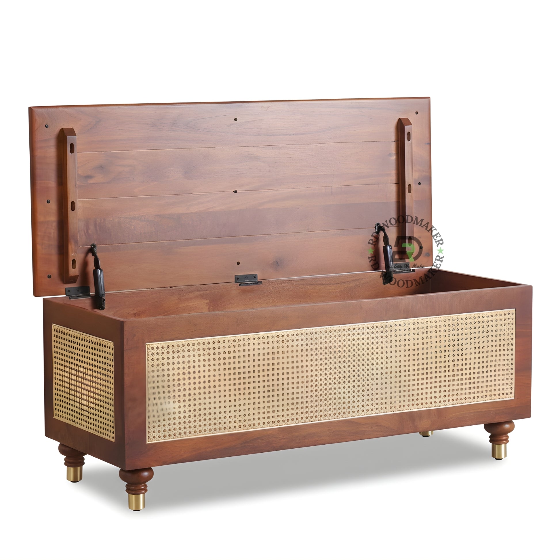 CANE PANEL WOODEN STORAGE TRUNK WITH MID-CENTURY DESIGN