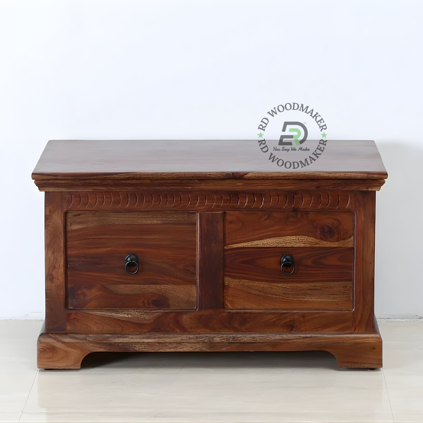 HAND CARVED SOLID WOOD STORAGE TRUNK WITH DRAWERS AND RING HANDLES