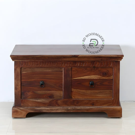 HAND CARVED SOLID WOOD STORAGE TRUNK WITH DRAWERS AND RING HANDLES