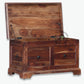 HAND CARVED SOLID WOOD STORAGE TRUNK WITH DRAWERS AND RING HANDLES