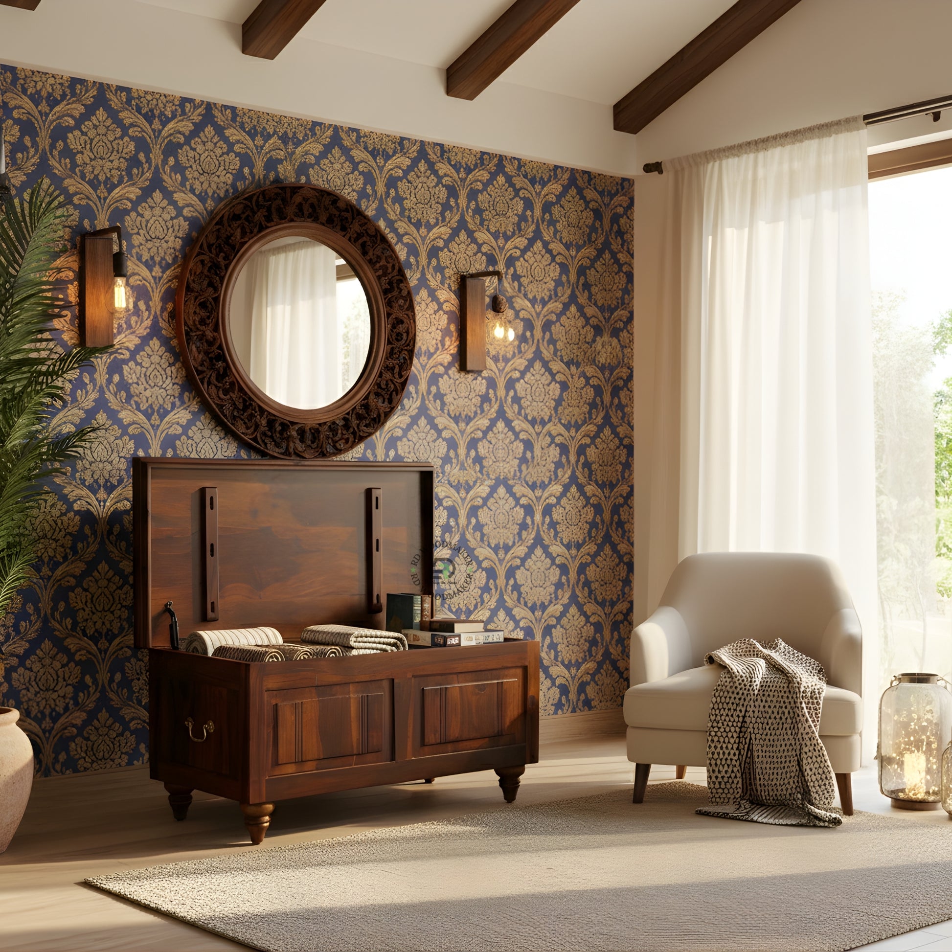 CLASSIC SHEESHAM WOOD STORAGE TRUNK WITH PANEL DESIGN