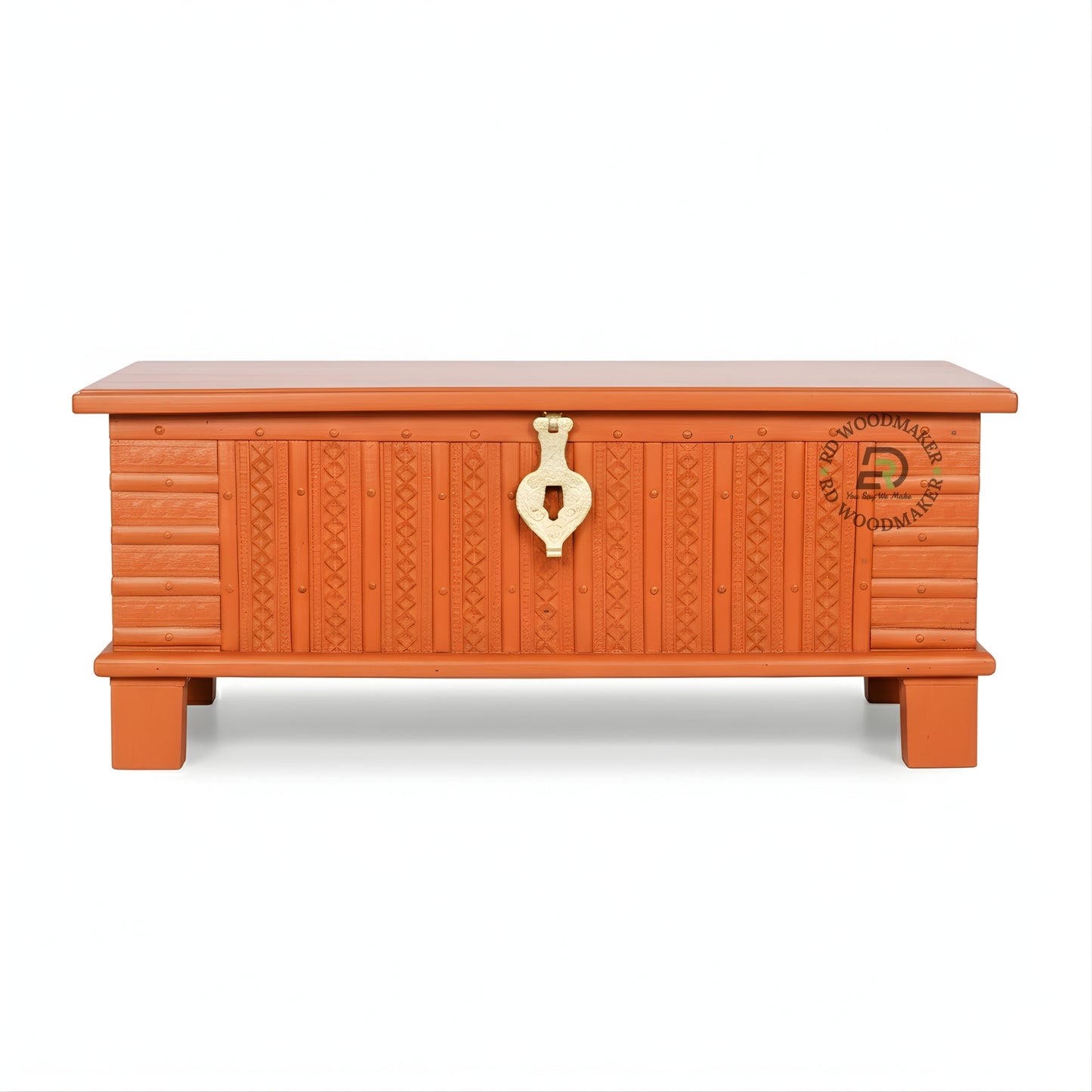 TRADITIONAL ORANGE CARVED WOODEN STORAGE TRUNK WITH METAL LOCK