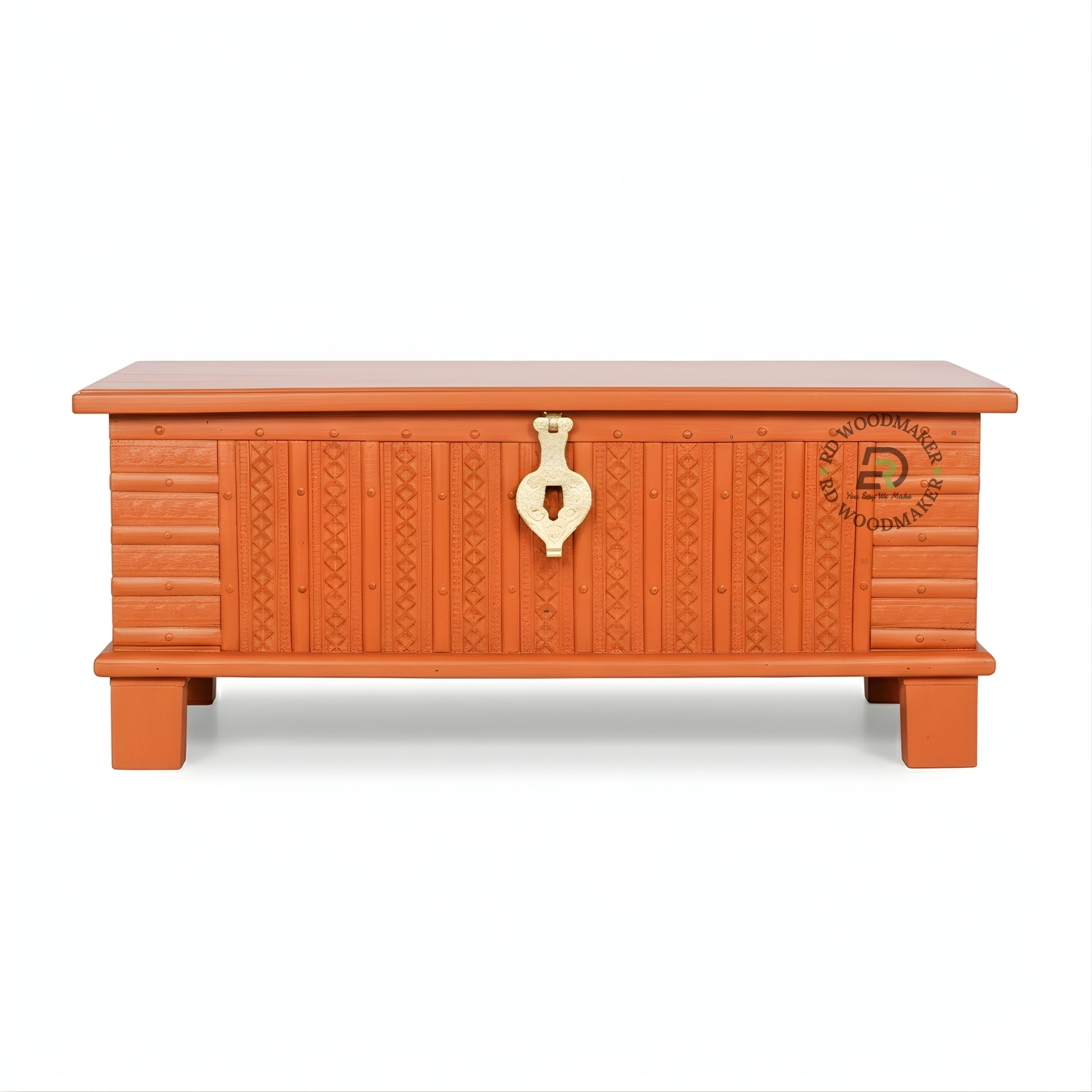 TRADITIONAL ORANGE CARVED WOODEN STORAGE TRUNK WITH METAL LOCK
