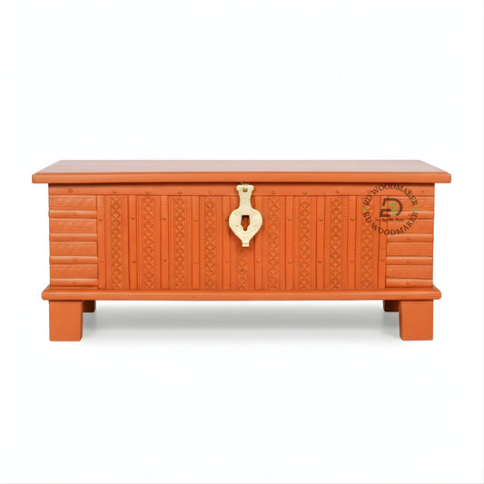 TRADITIONAL ORANGE CARVED WOODEN STORAGE TRUNK WITH METAL LOCK