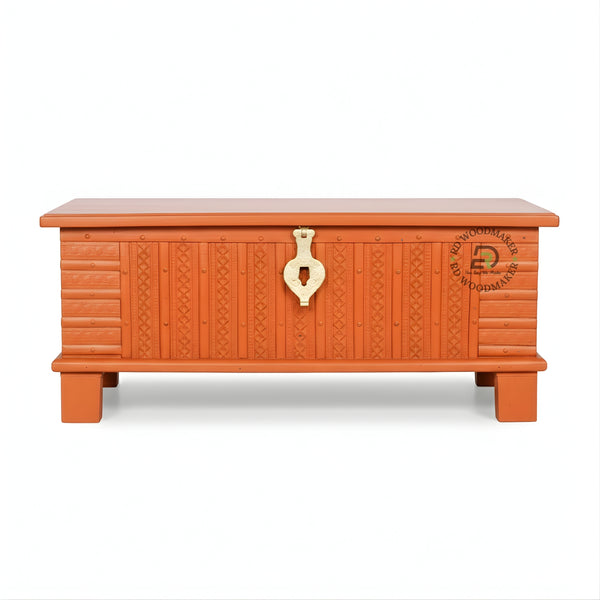 TRADITIONAL ORANGE CARVED WOODEN STORAGE TRUNK WITH METAL LOCK