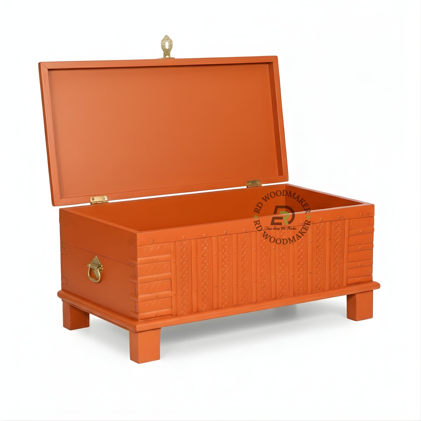 TRADITIONAL ORANGE CARVED WOODEN STORAGE TRUNK WITH METAL LOCK