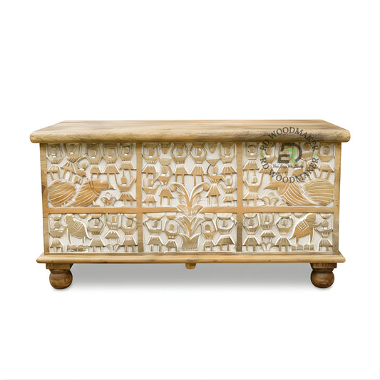 HANDCARVED ARTISTIC WOODEN STORAGE TRUNK WITH TRIBAL DESIGN