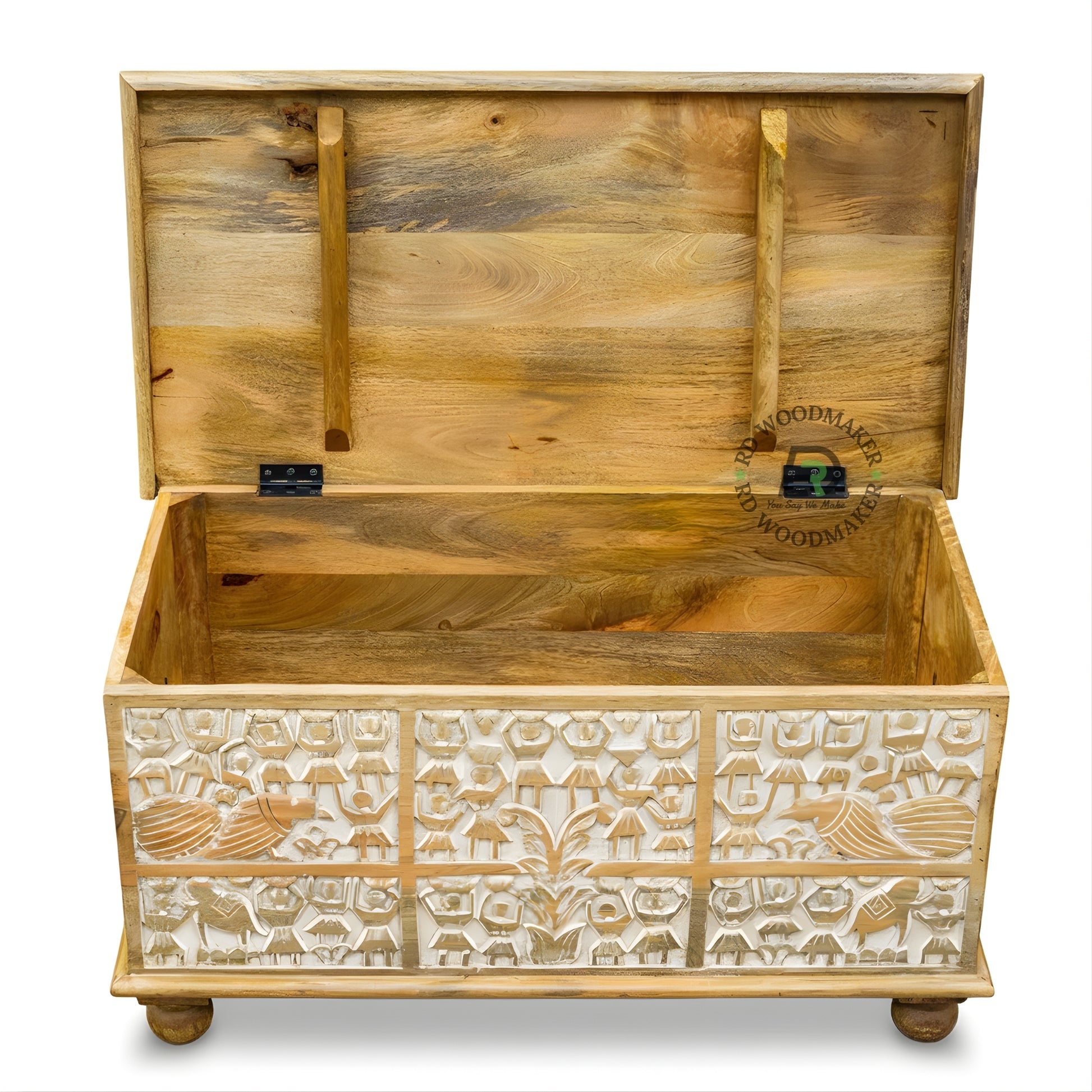 HANDCARVED ARTISTIC WOODEN STORAGE TRUNK WITH TRIBAL DESIGN