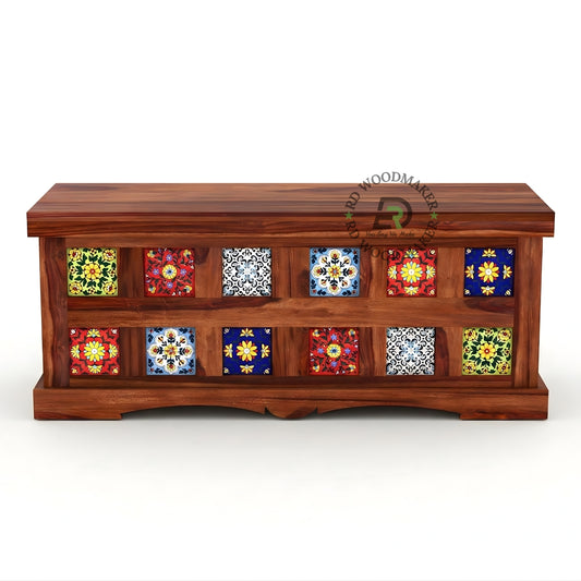 HANDCRAFTED TILE INLAY WOODEN STORAGE TRUNK