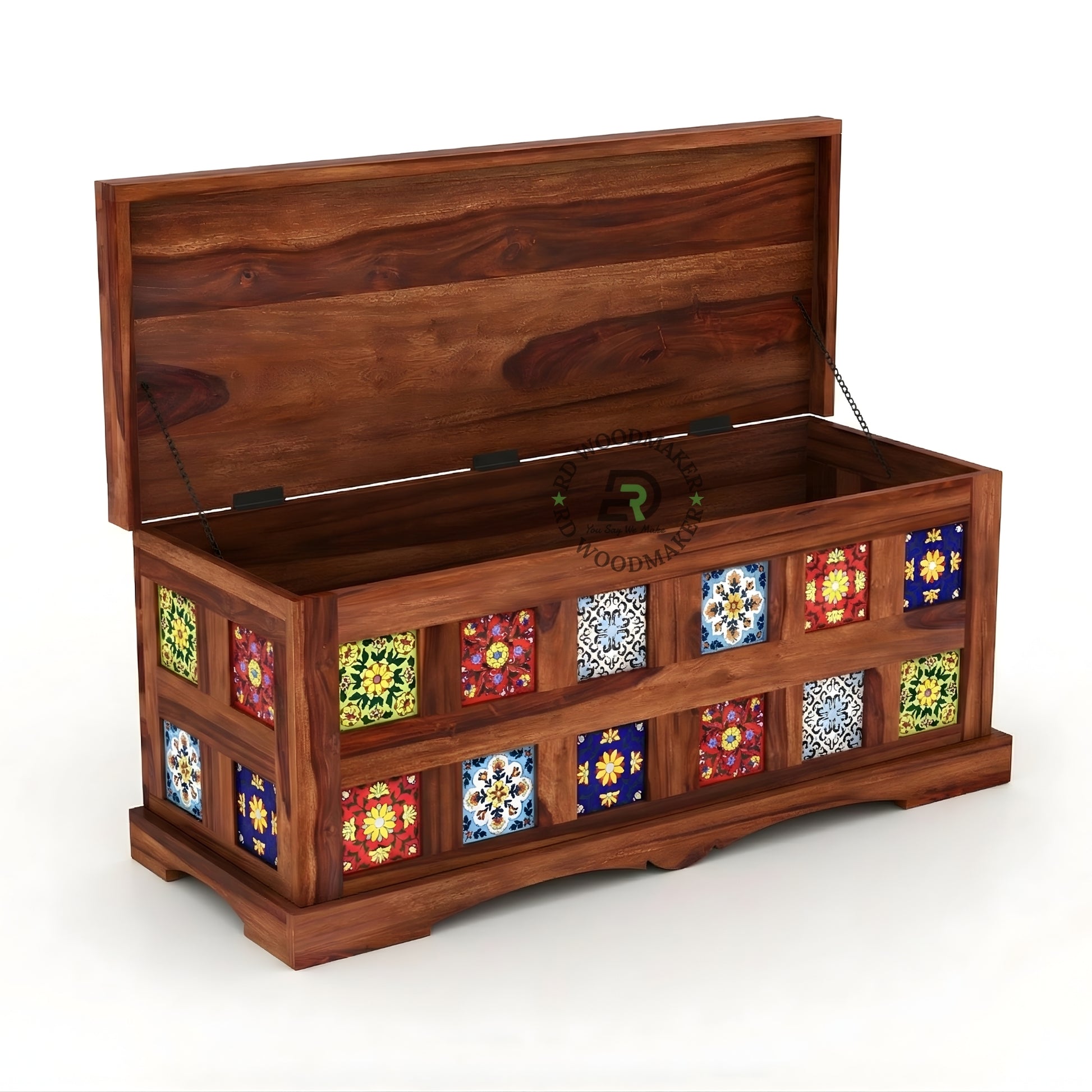 HANDCRAFTED TILE INLAY WOODEN STORAGE TRUNK