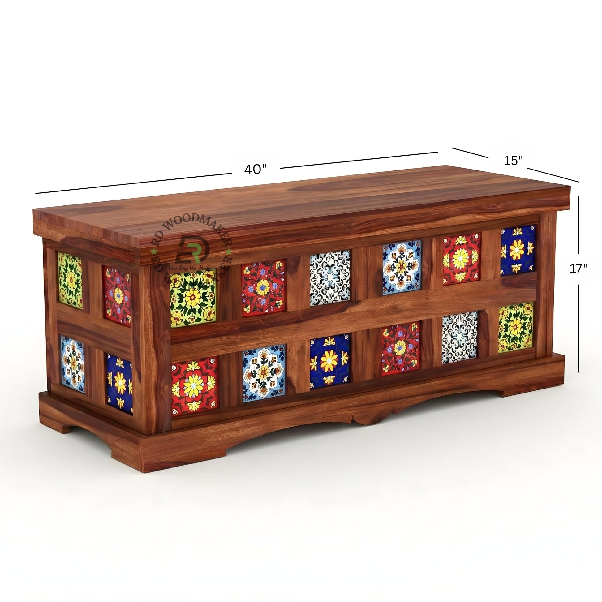 HANDCRAFTED TILE INLAY WOODEN STORAGE TRUNK